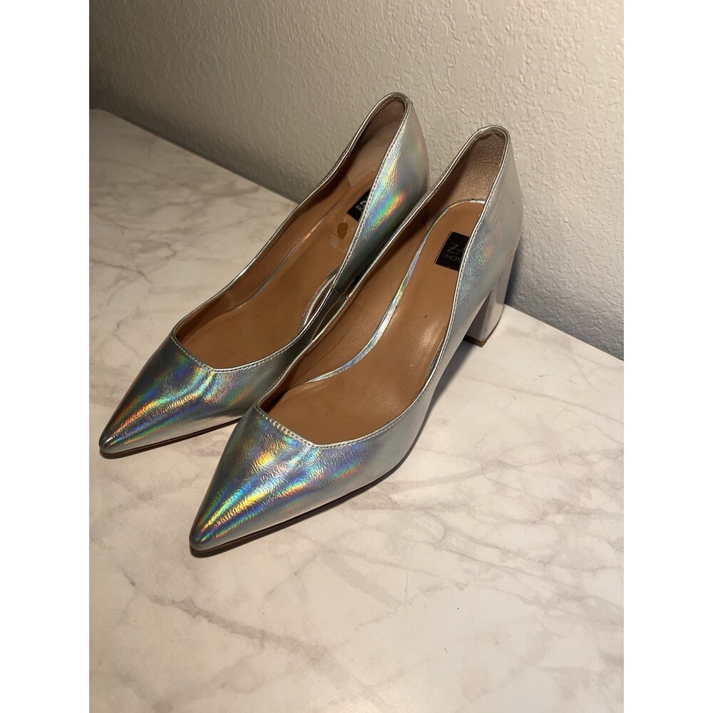 Zac Posen Silver Arlene Holographic Pointed Toe Slip On Block Heel Womans Size 9